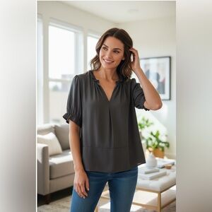 THE GREAT. Black 100% Silk Ruffled Blouse